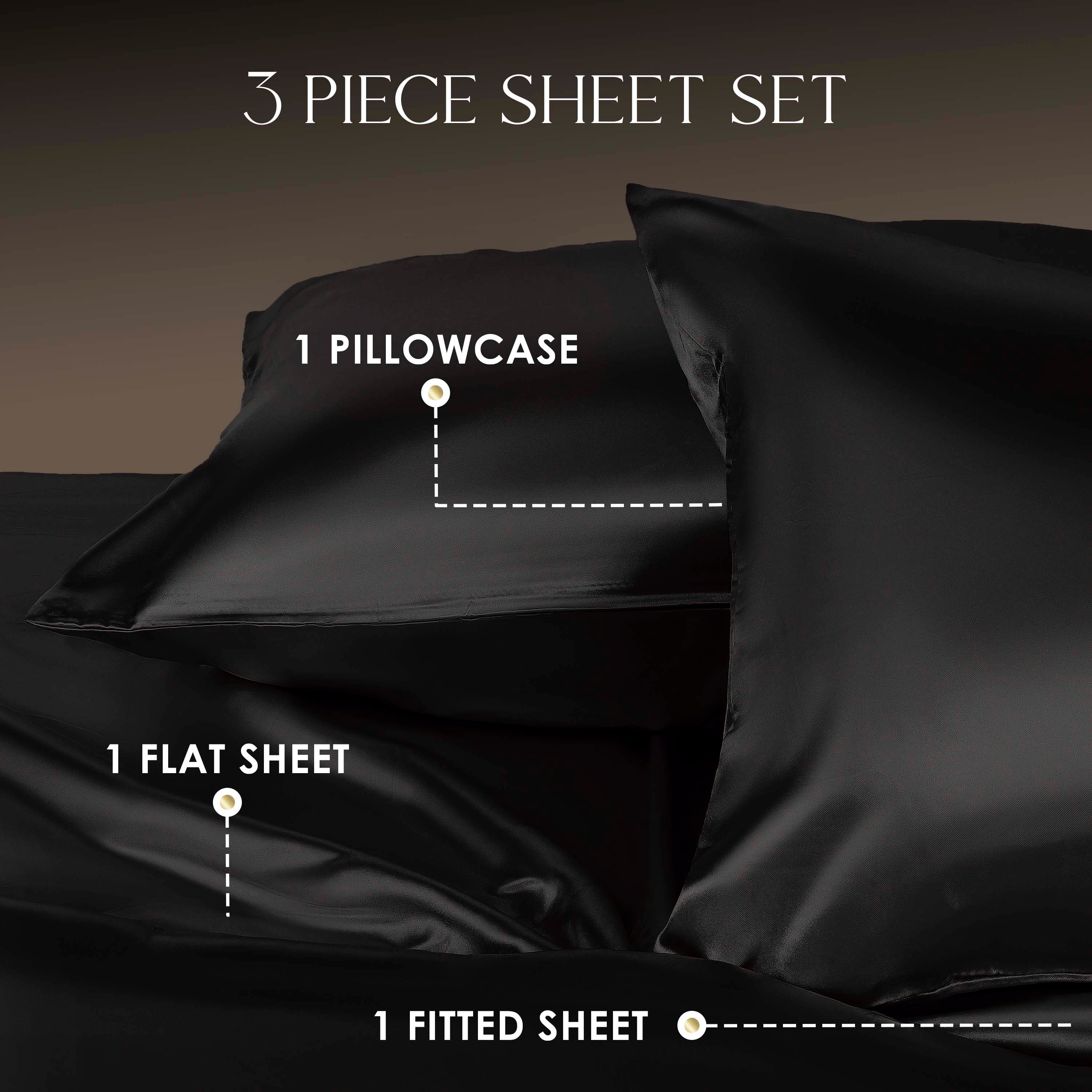 Black satin sheet set featuring one pillowcase, one flat sheet, and one fitted sheet.
