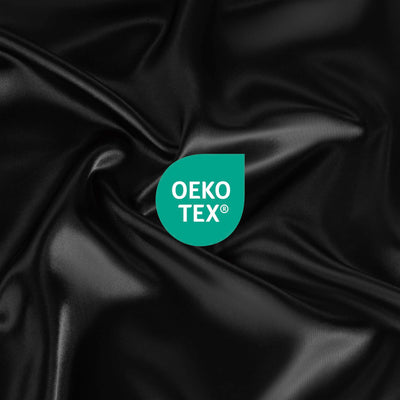 Black satin fabric with a wrinkled texture and an Oeko-Tex certification logo in the bottom right corner.