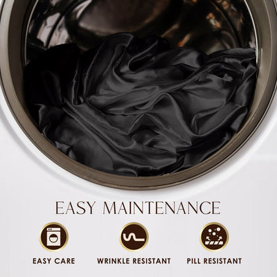 Black satin sheets are shown inside a washing machine, highlighting easy maintenance features.