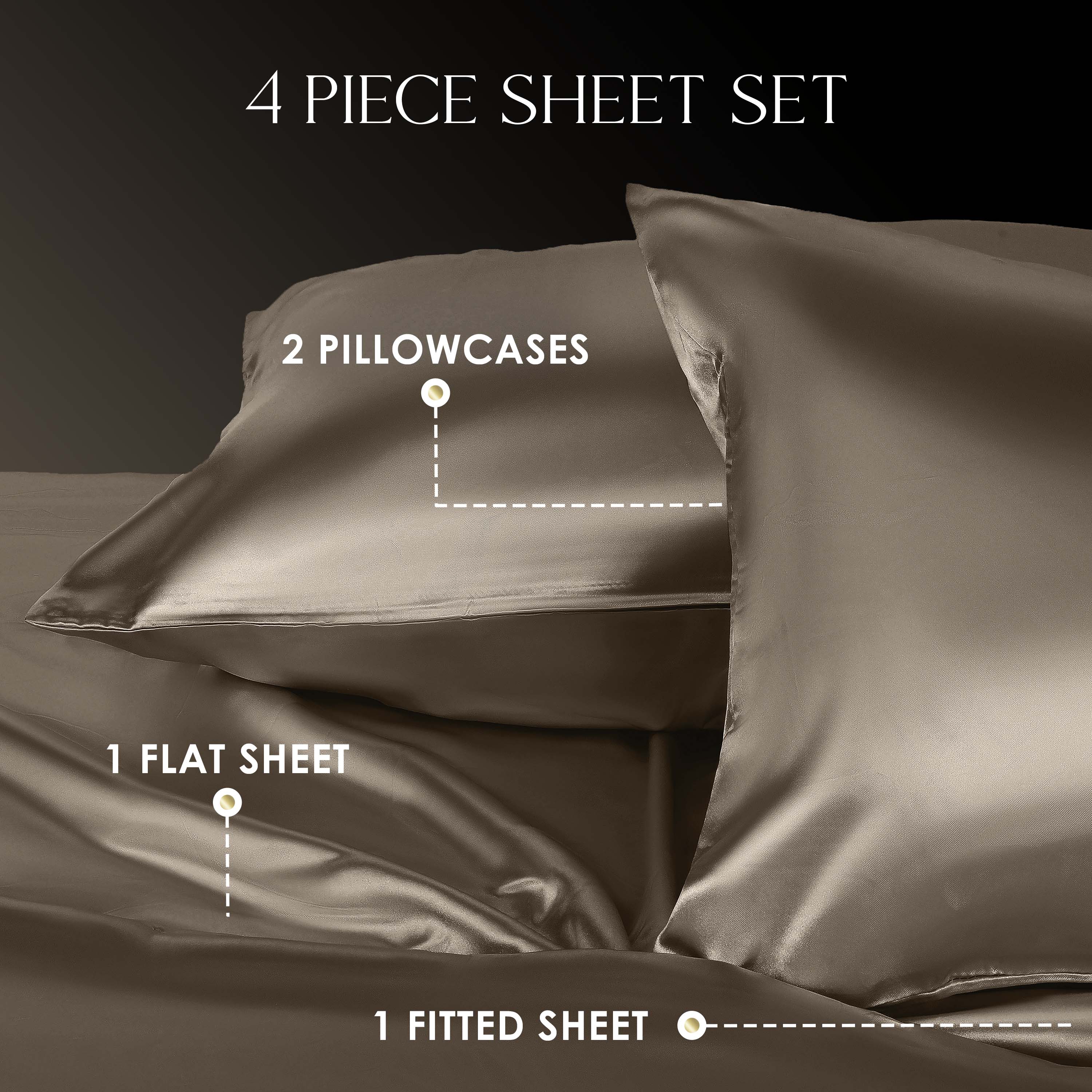 Four-piece satin sheet set including two pillowcases, one flat sheet, and one fitted sheet in a rich brown color.