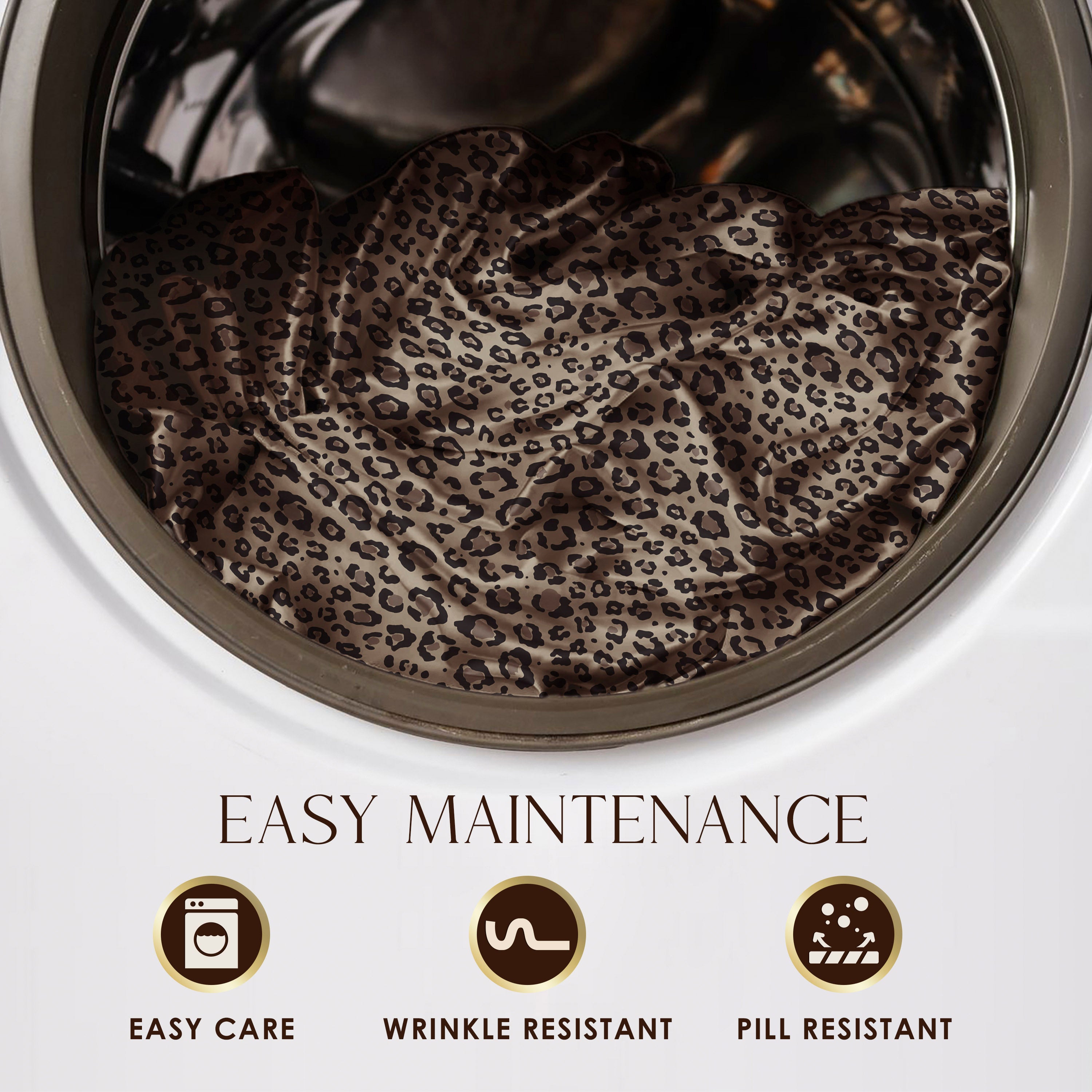 Satin sheet set with a leopard print design inside a washing machine drum.