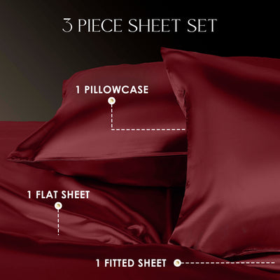 Three-piece satin sheet set in burgundy, including one pillowcase, one flat sheet, and one fitted sheet.