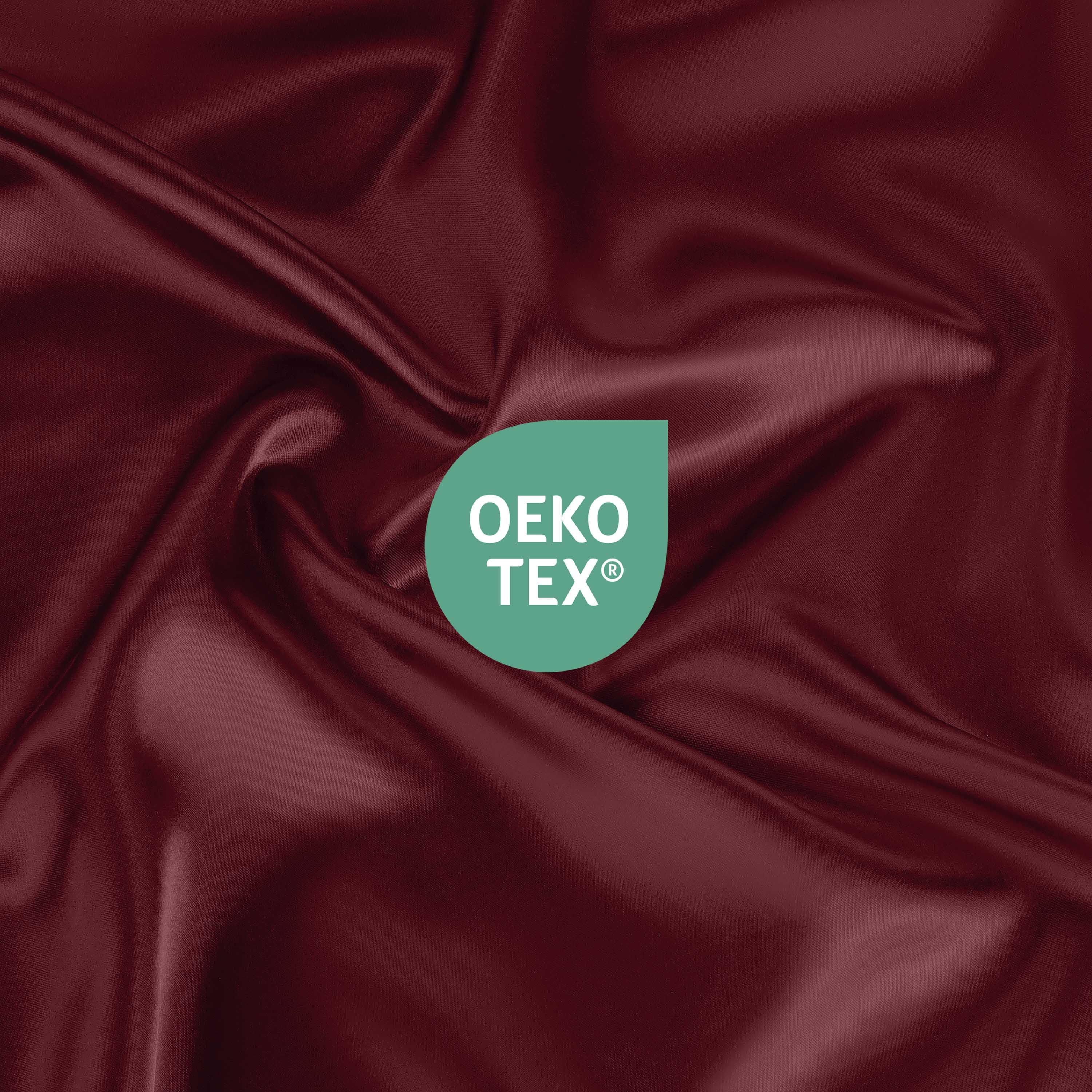 Deep red satin fabric with a prominent Oeko-Tex certification logo.