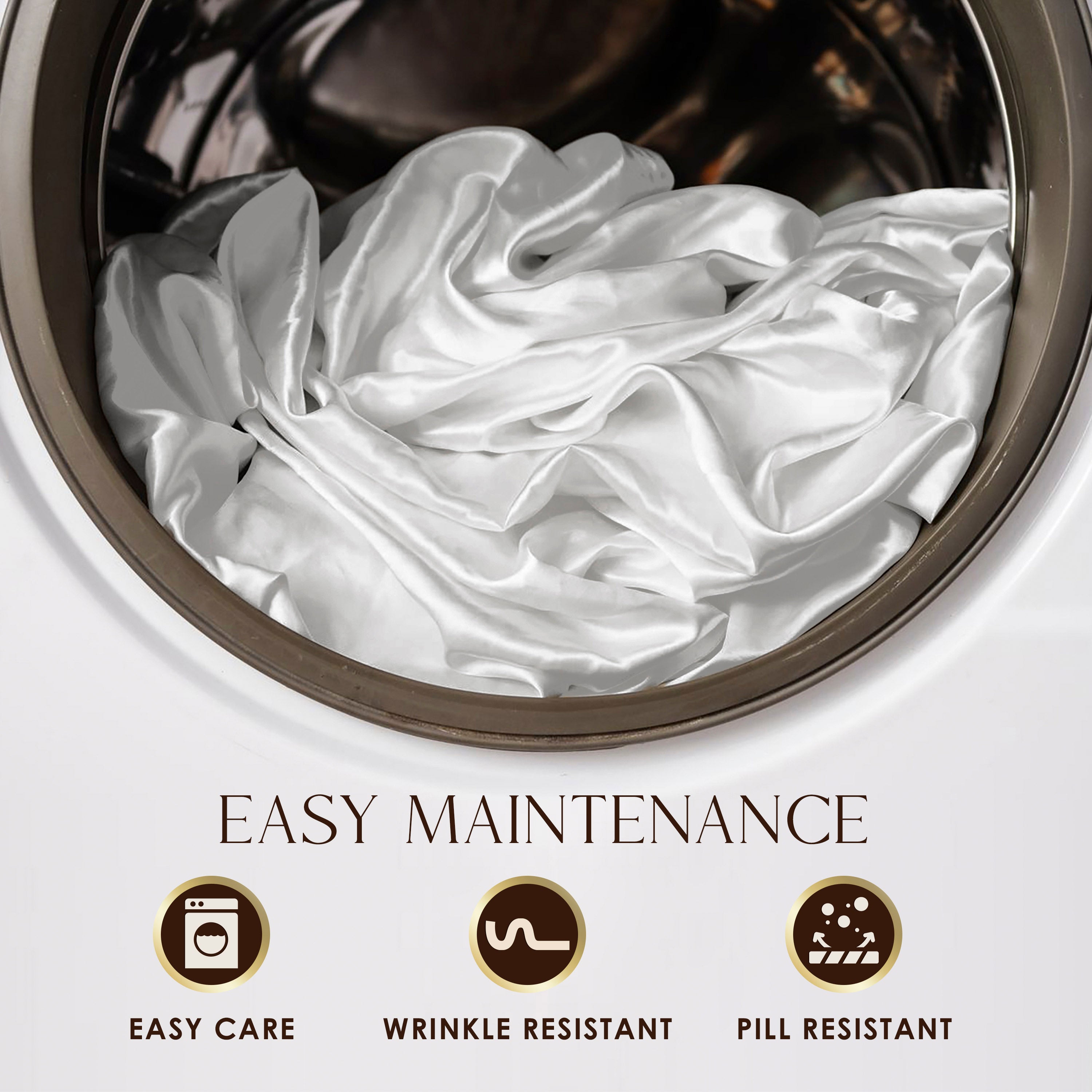White satin sheets are shown inside a washing machine, highlighting easy maintenance features.