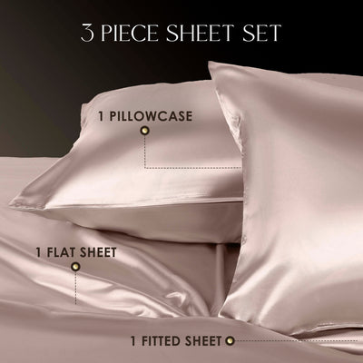 Three-piece satin sheet set including one pillowcase, one flat sheet, and one fitted sheet in a soft color.