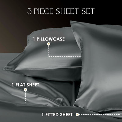 Three-piece satin sheet set includes one pillowcase, one flat sheet, and one fitted sheet in a dark color.