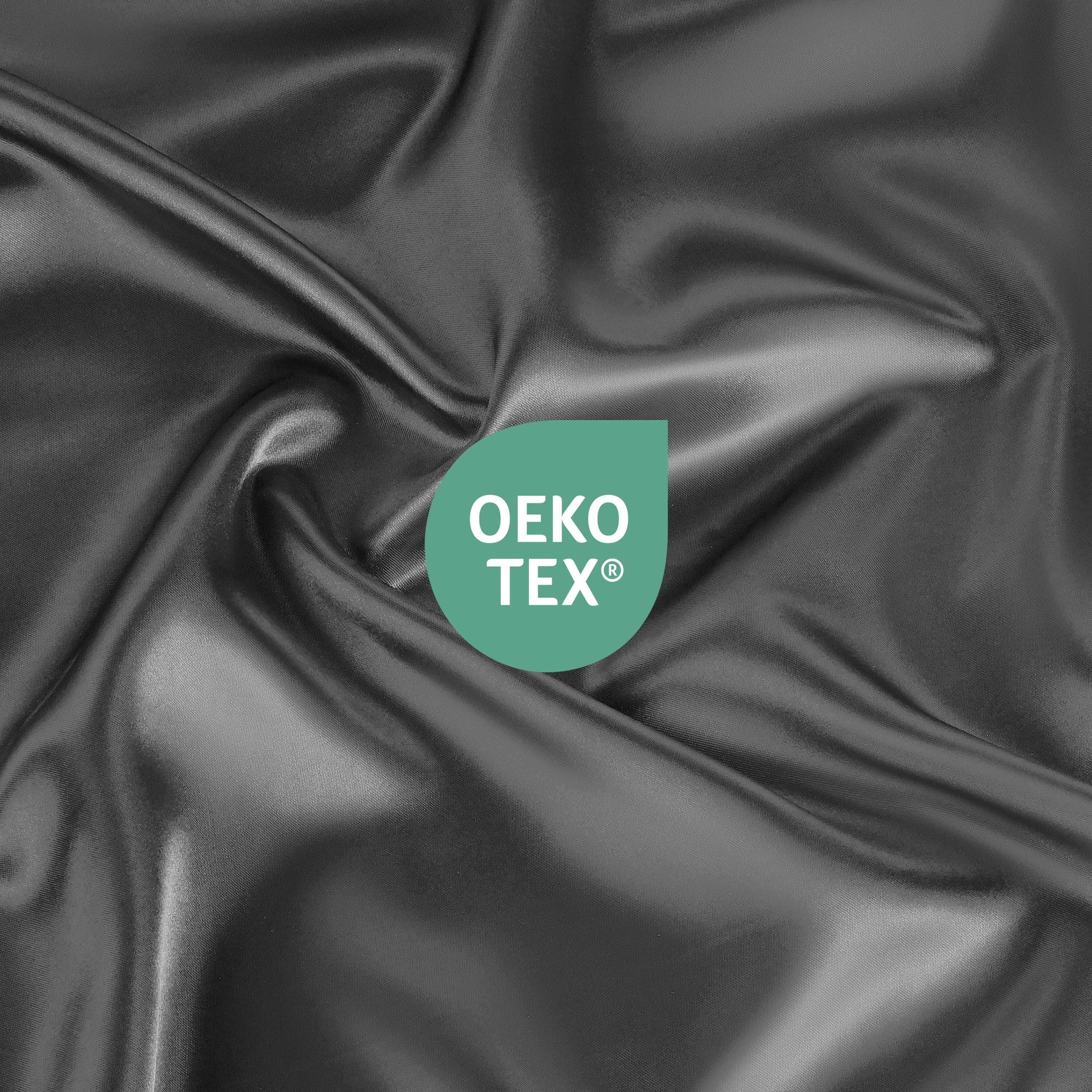 Black satin fabric with a smooth texture and an Oeko-Tex certification logo in the corner.