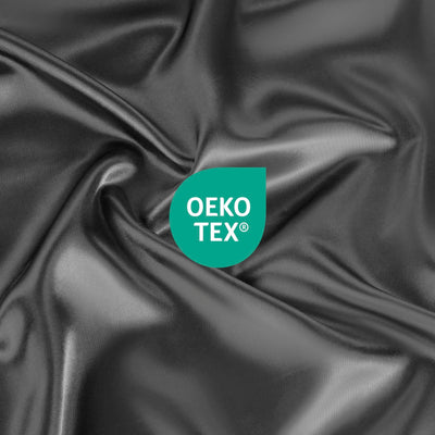 Black satin fabric with a smooth texture and an Oeko-Tex certification logo in the corner.