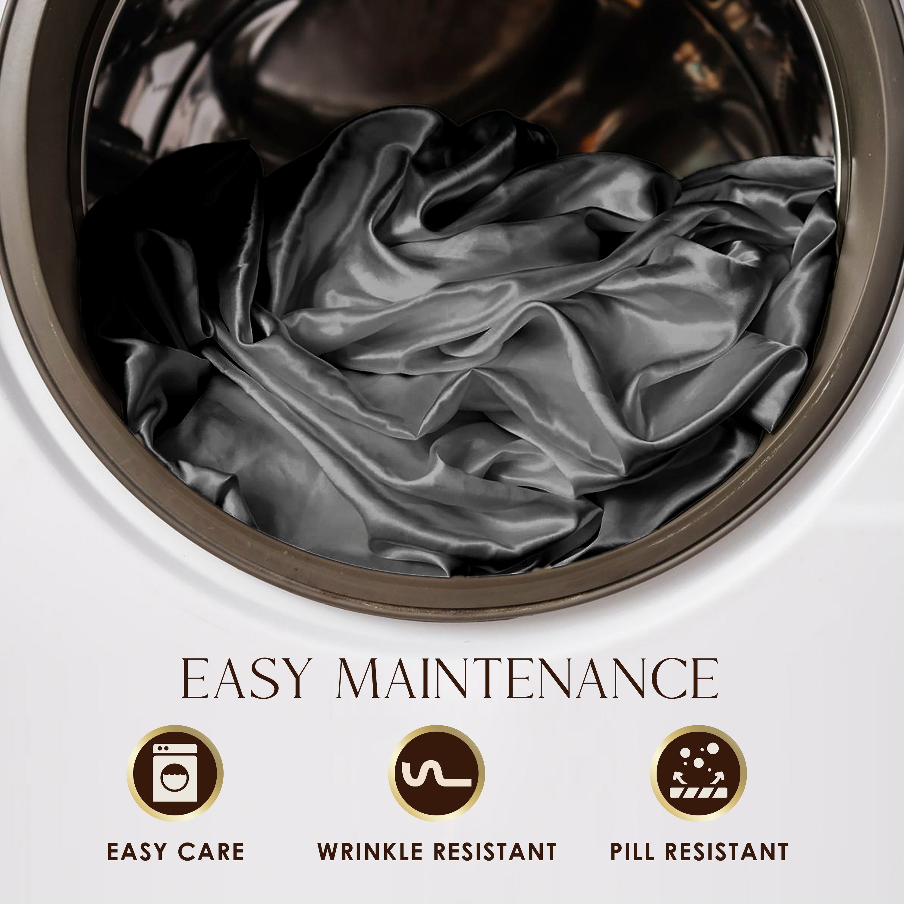 Satin sheets in a washing machine, showcasing their smooth texture and easy maintenance features.