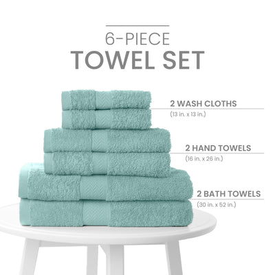 Six-piece towel set in light blue, including 2 wash cloths, 2 hand towels, and 2 bath towels, stacked on a table.