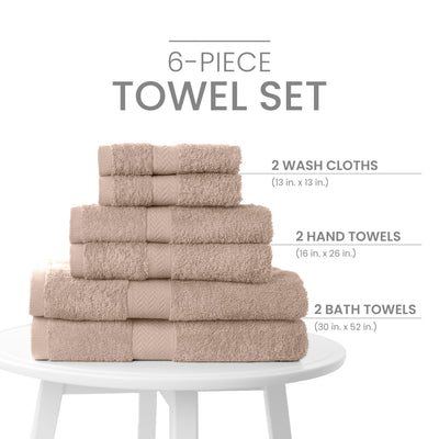 Six-piece towel set includes two wash cloths, two hand towels, and two bath towels in a neutral color.