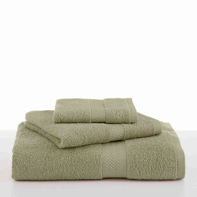 Set of three ringspun towels in a soft green color, featuring textured borders.