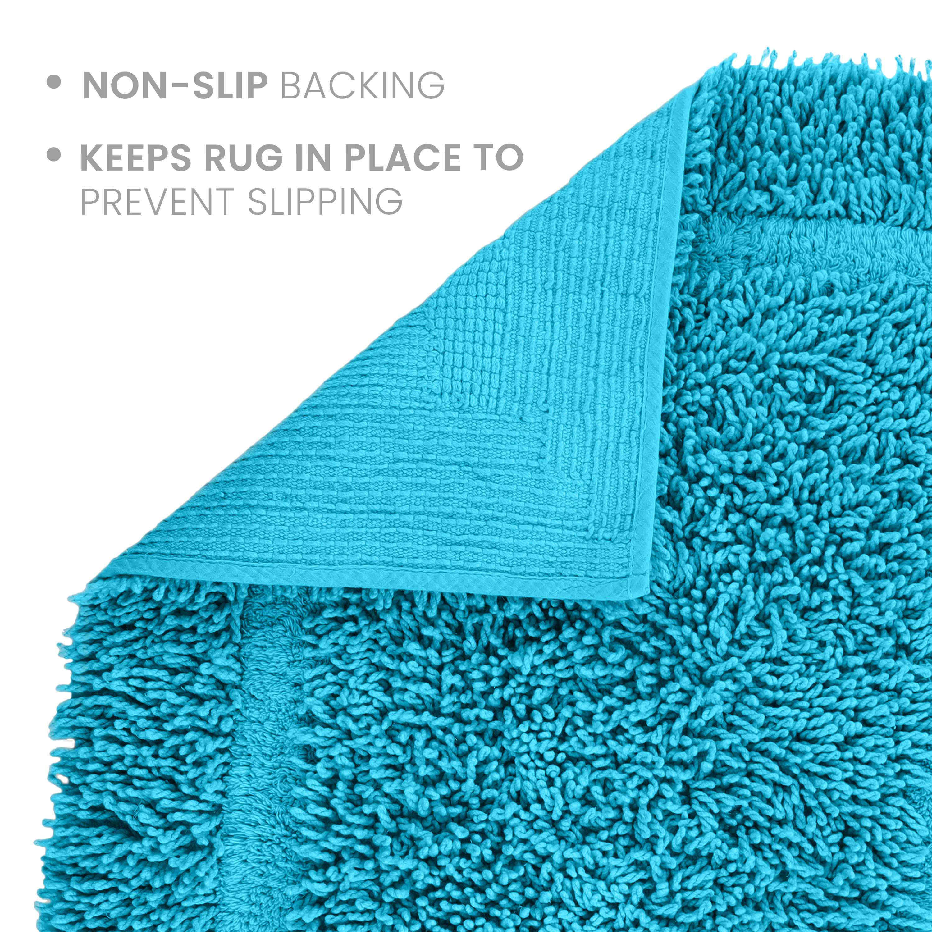 Teal bath rug with a non-slip backing and textured surface for stability.