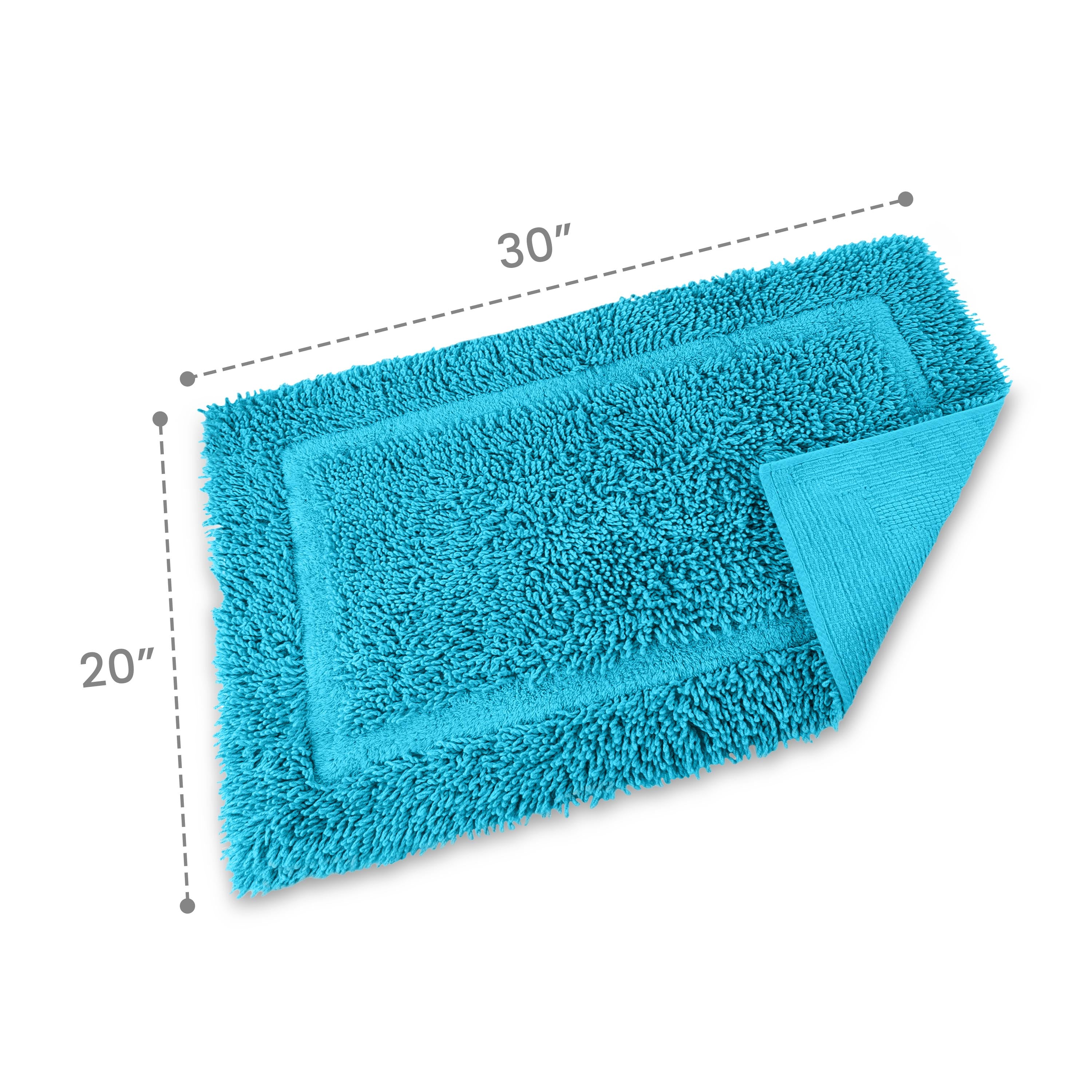 Turquoise bath rug with a plush texture, measuring 30 inches by 20 inches, featuring a bordered design.