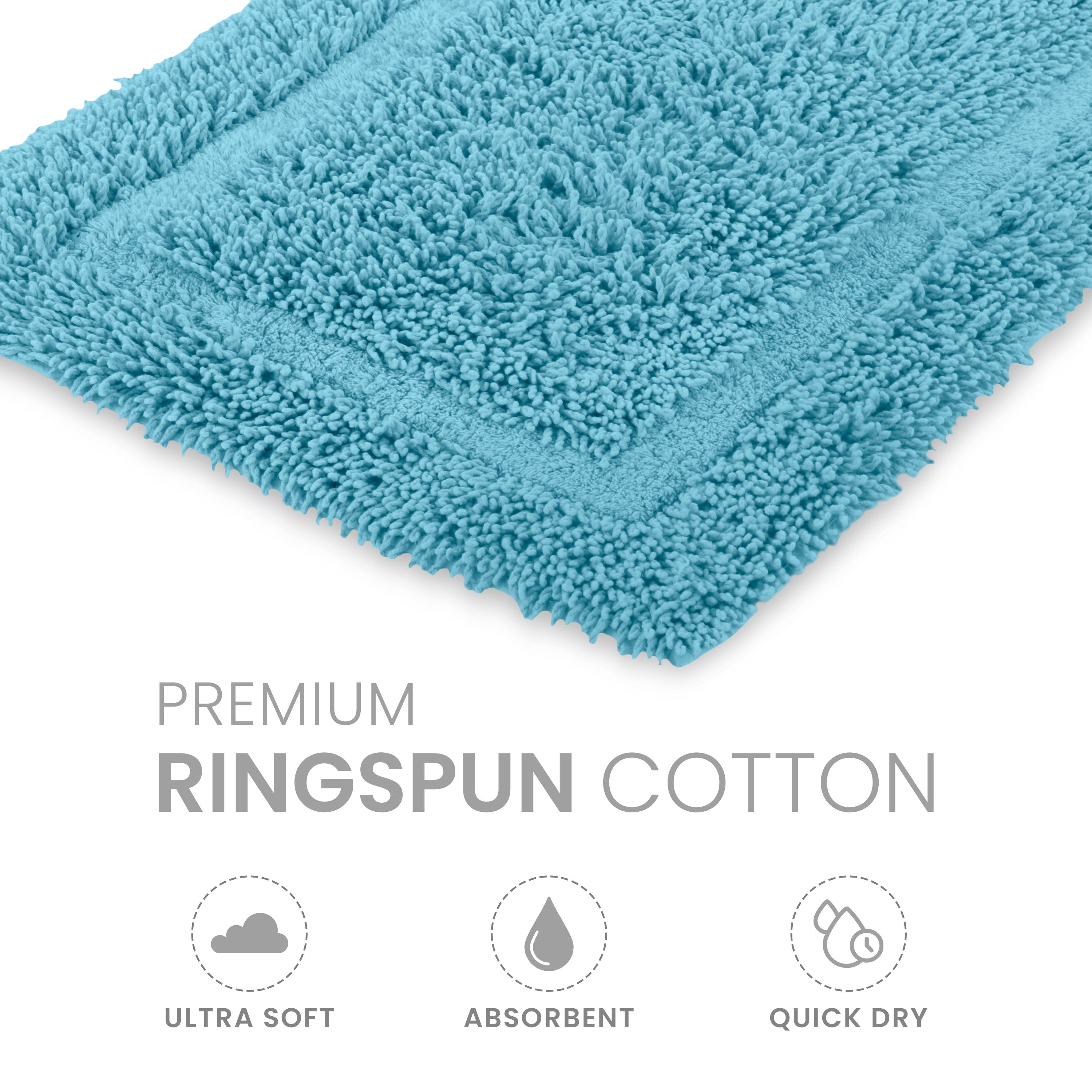 Light blue bath rug made of ringspun cotton with a textured surface and bordered design.