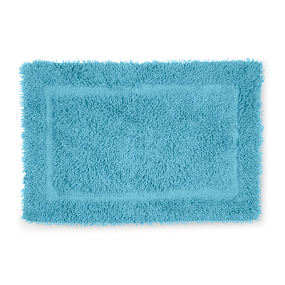 Rectangular bath rug in light blue with a plush, textured surface and a bordered design.