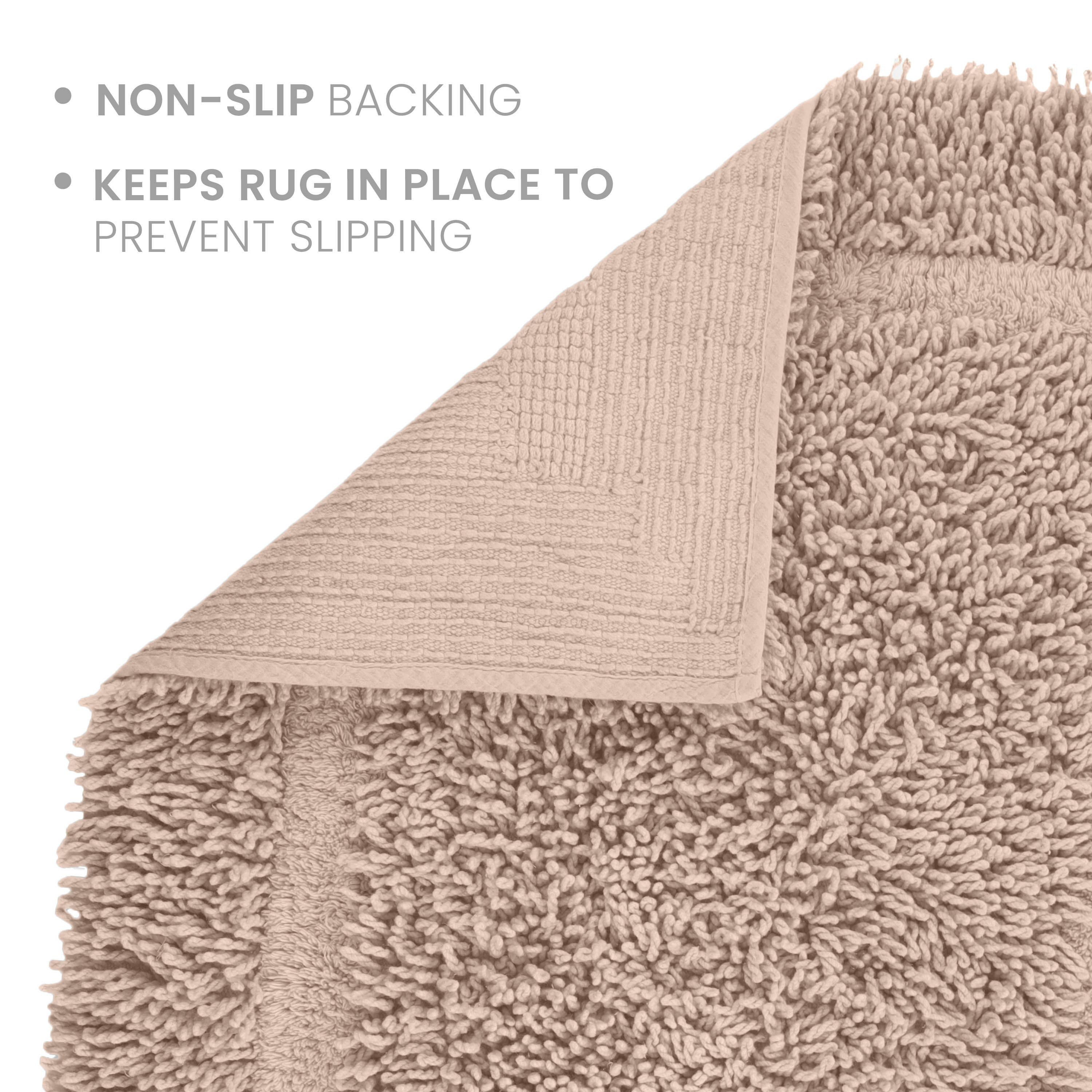 Bath rug with a textured surface and non-slip backing to prevent slipping.