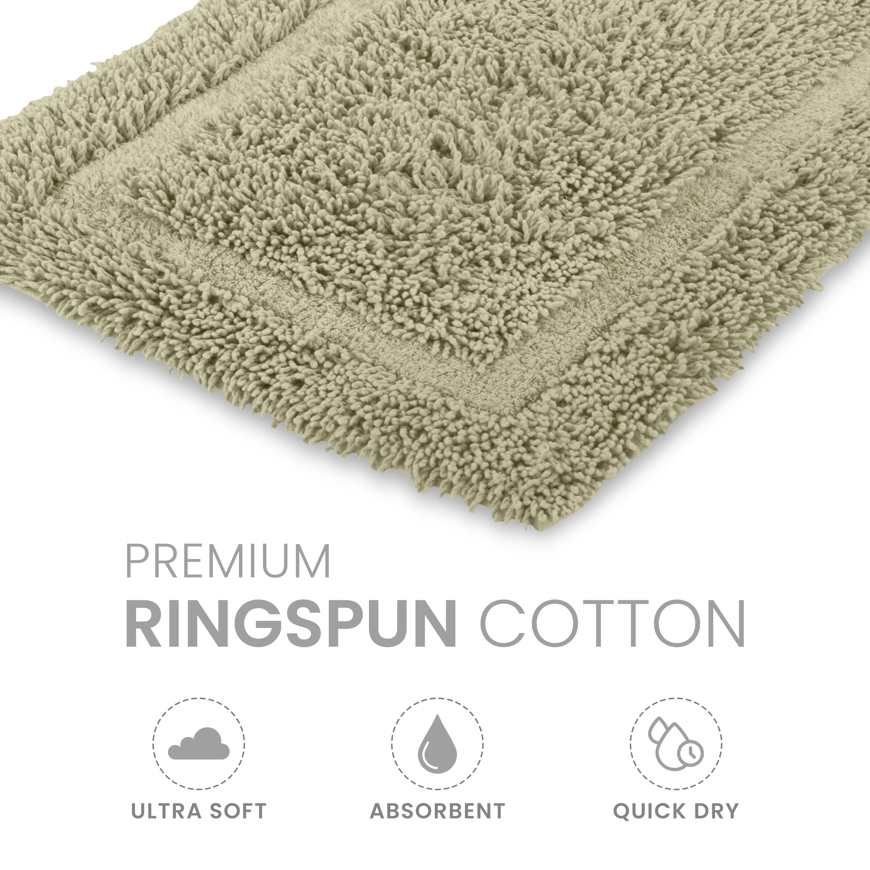 Ringspun cotton bath rug with a textured surface and bordered design in a light green color.