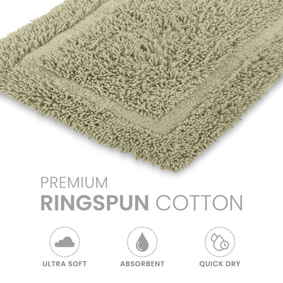 Ringspun cotton bath rug with a textured surface and bordered design in a light green color.