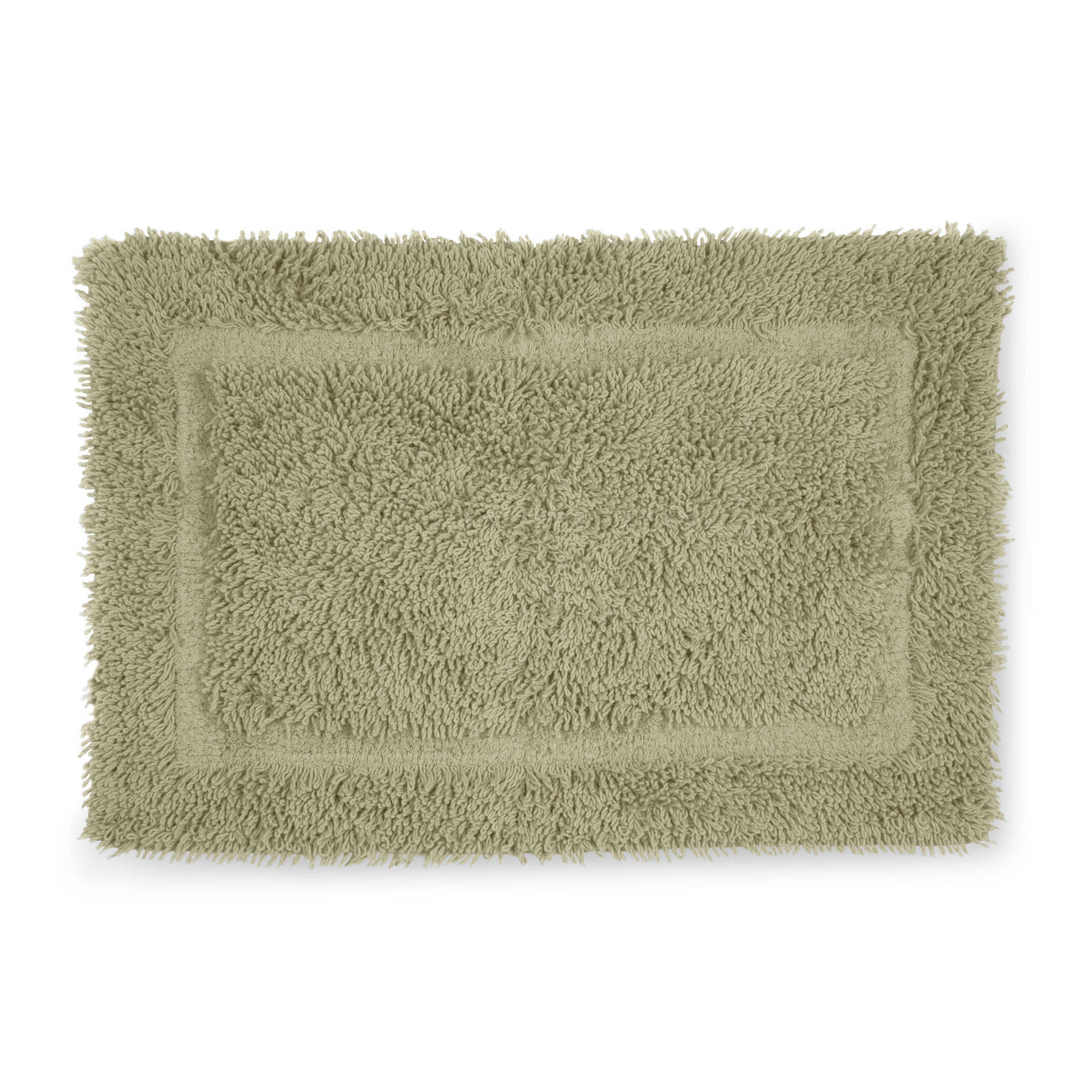 Rectangular bath rug in a soft green color with a plush, textured surface and a bordered design.