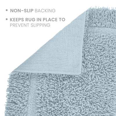 Light blue bath rug with a textured surface and non-slip backing to prevent slipping.