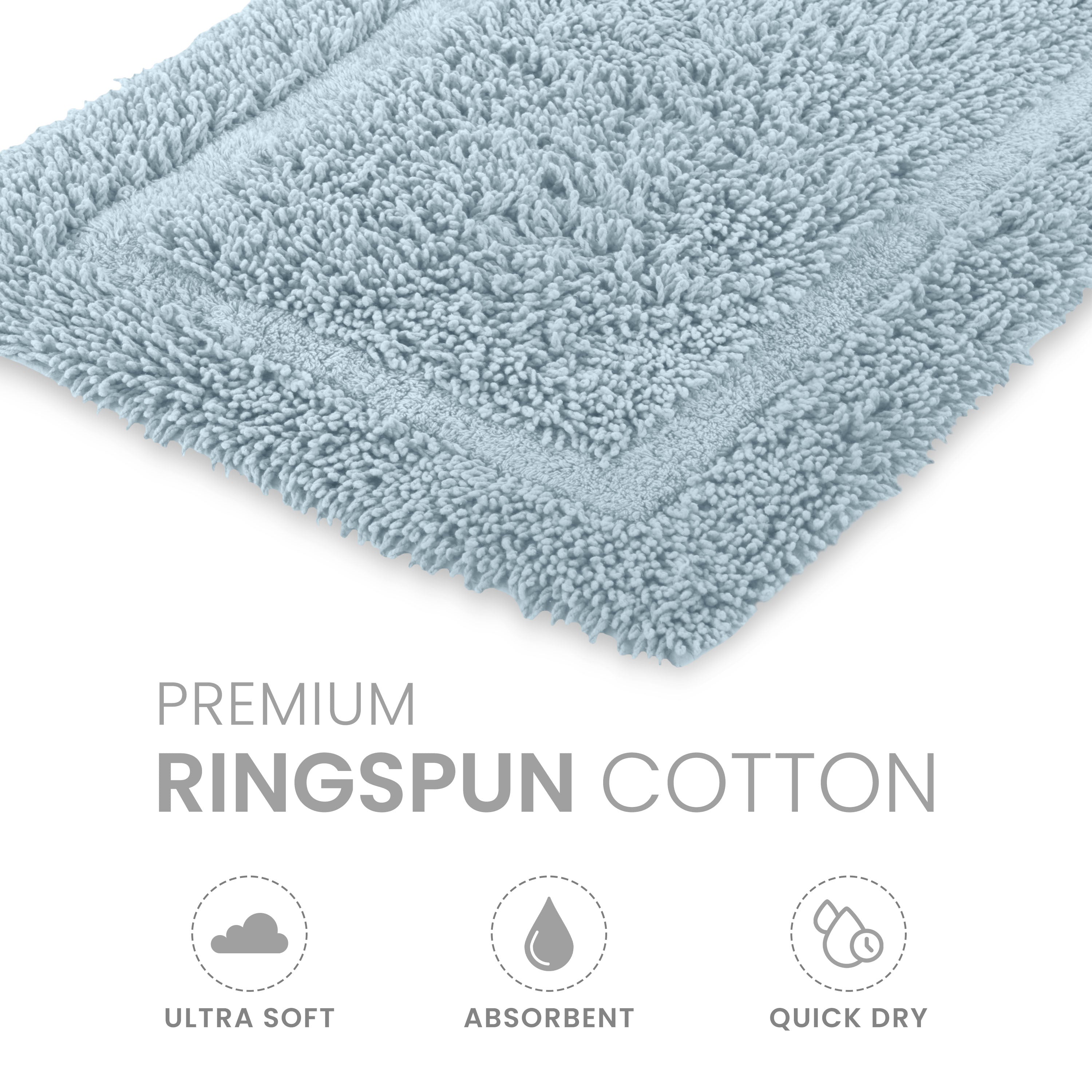 Light blue bath rug with a textured surface and bordered design, made from ringspun cotton.