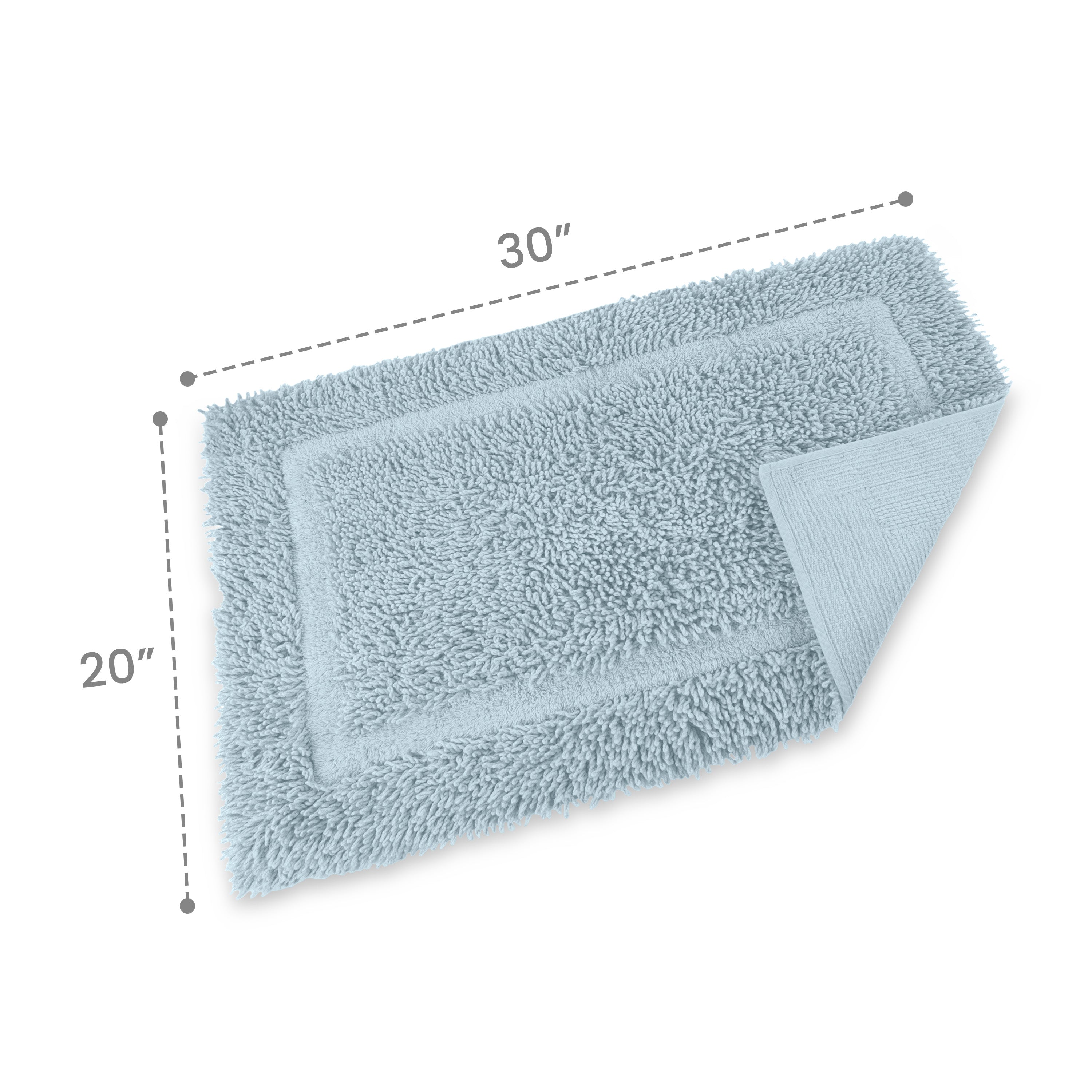 Light blue bath rug with a plush texture, measuring 30 inches by 20 inches, featuring a bordered design.