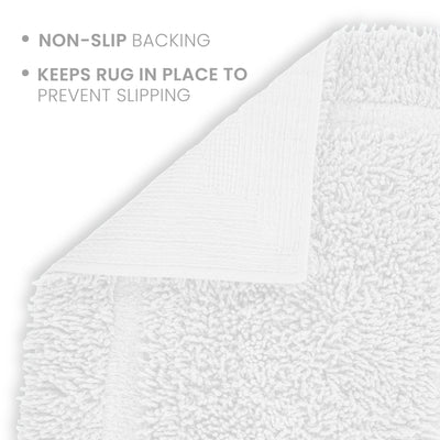 White bath rug with a textured surface and non-slip backing for stability.