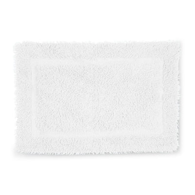 White bath rug with a textured surface and a rectangular shape, featuring a bordered design.