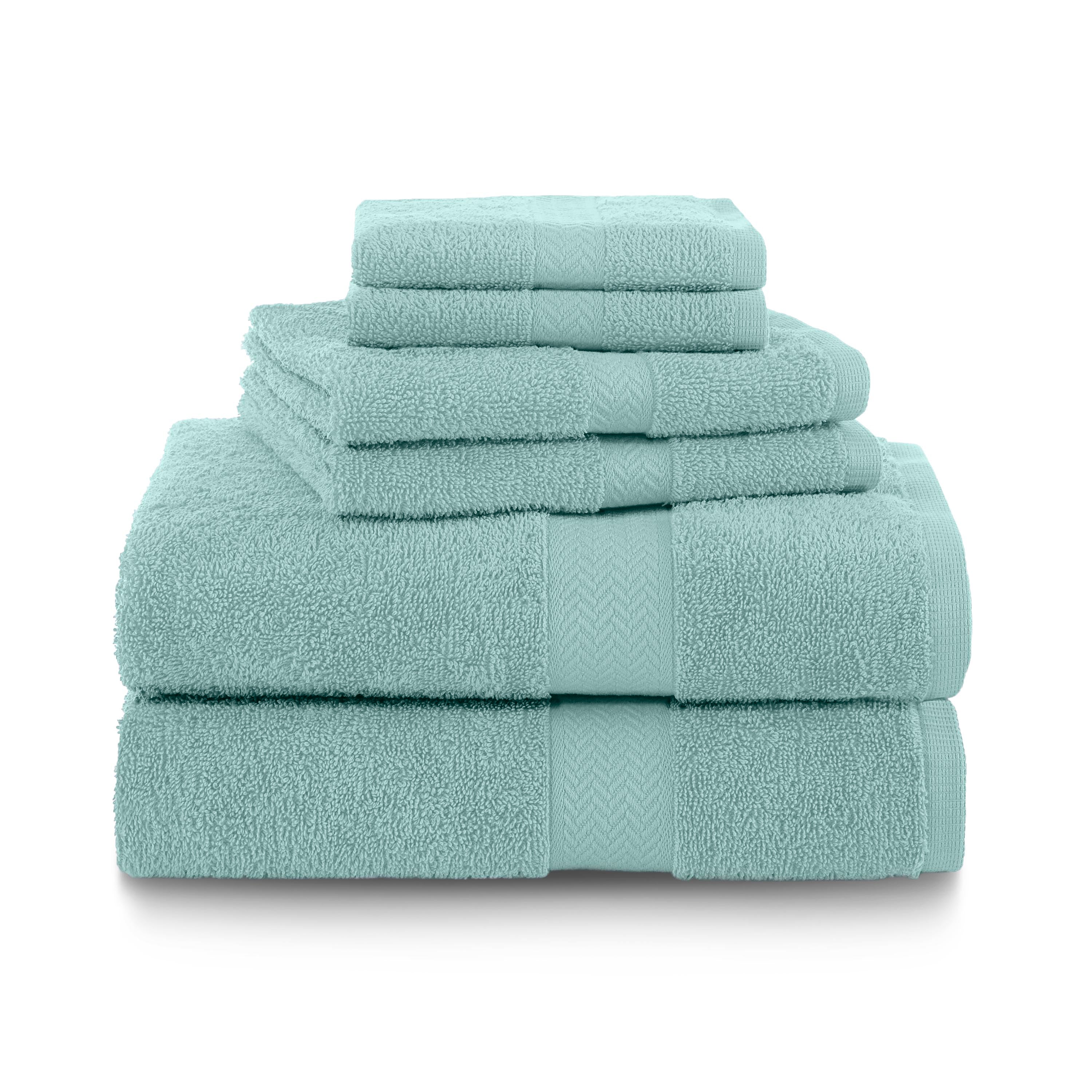 Six towels in a soft aqua color, stacked in varying sizes with a textured band detail.