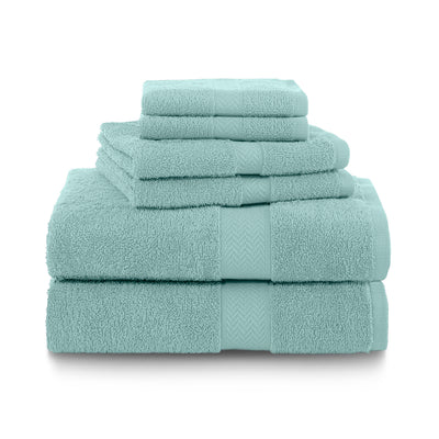 Six towels in a soft aqua color, stacked in varying sizes with a textured band detail.