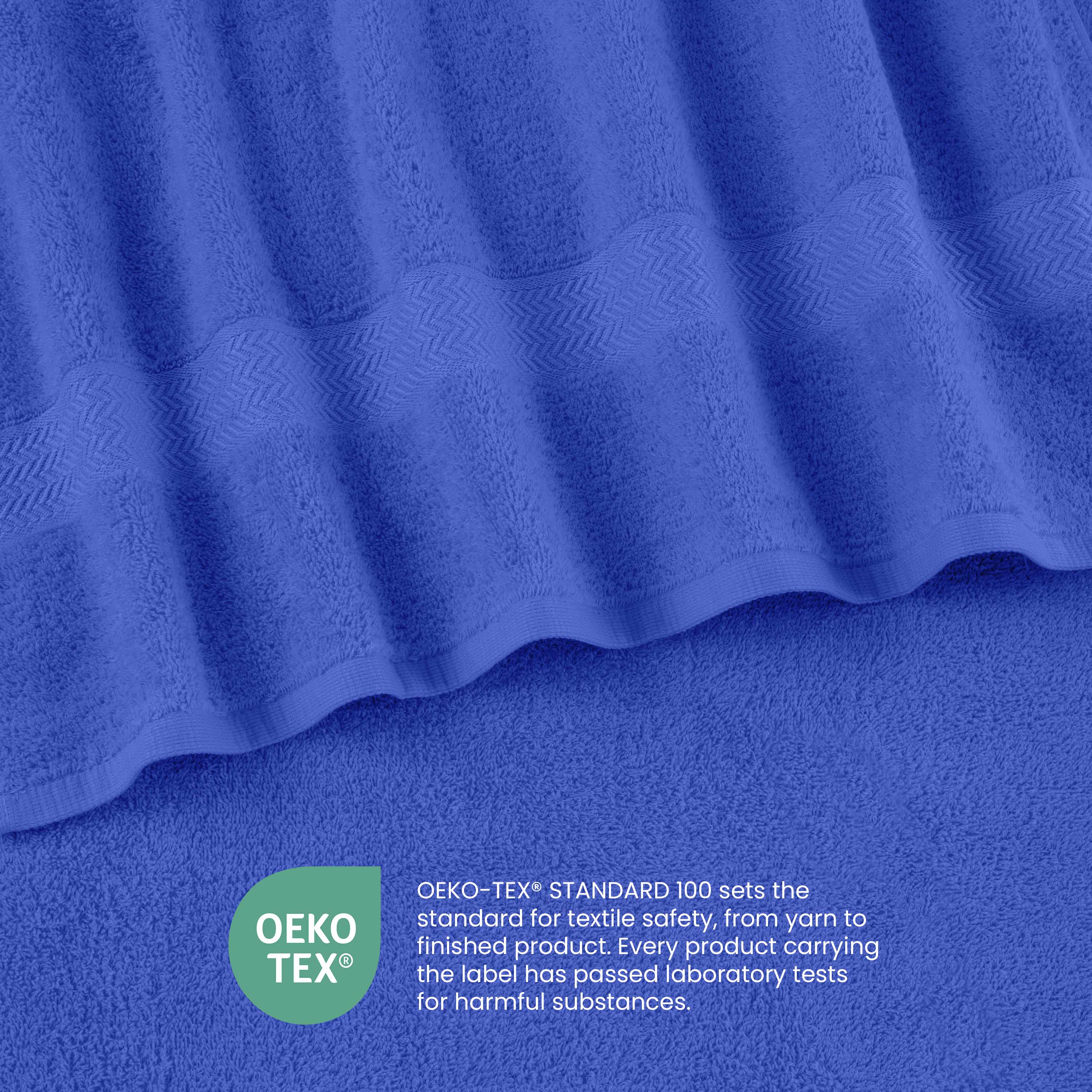 Blue towels with a textured stripe design, featuring an Oeko-Tex certification label for textile safety.