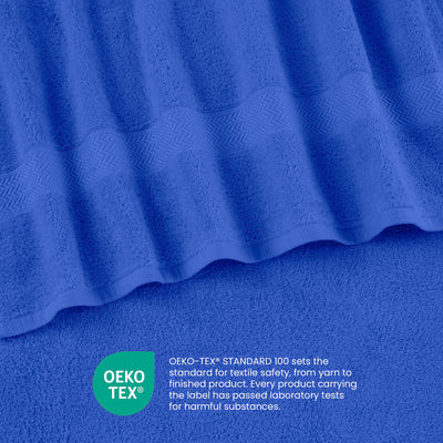 Blue towels with a textured stripe design, featuring an Oeko-Tex certification label for textile safety.
