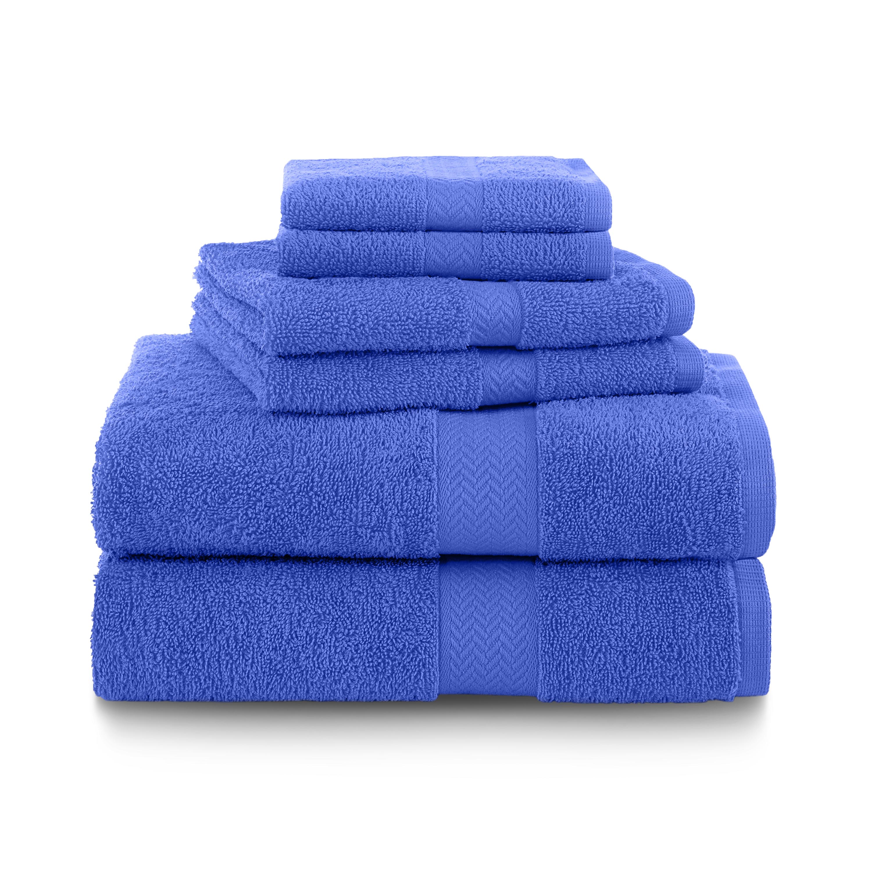 Set of six blue towels stacked in various sizes, featuring a textured band design.