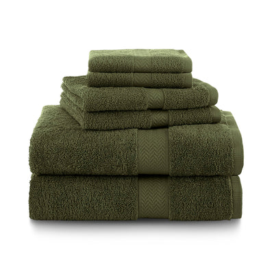 Set of six green towels stacked in varying sizes, featuring a textured band design.