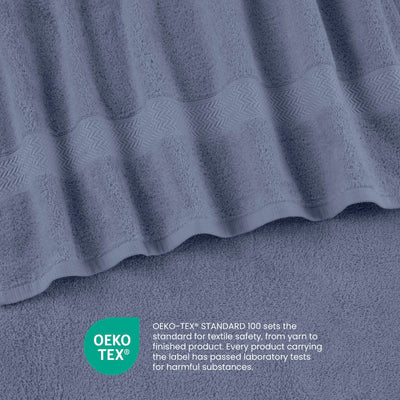 Soft gray towels with textured stripes, featuring Oeko-Tex certification for textile safety.