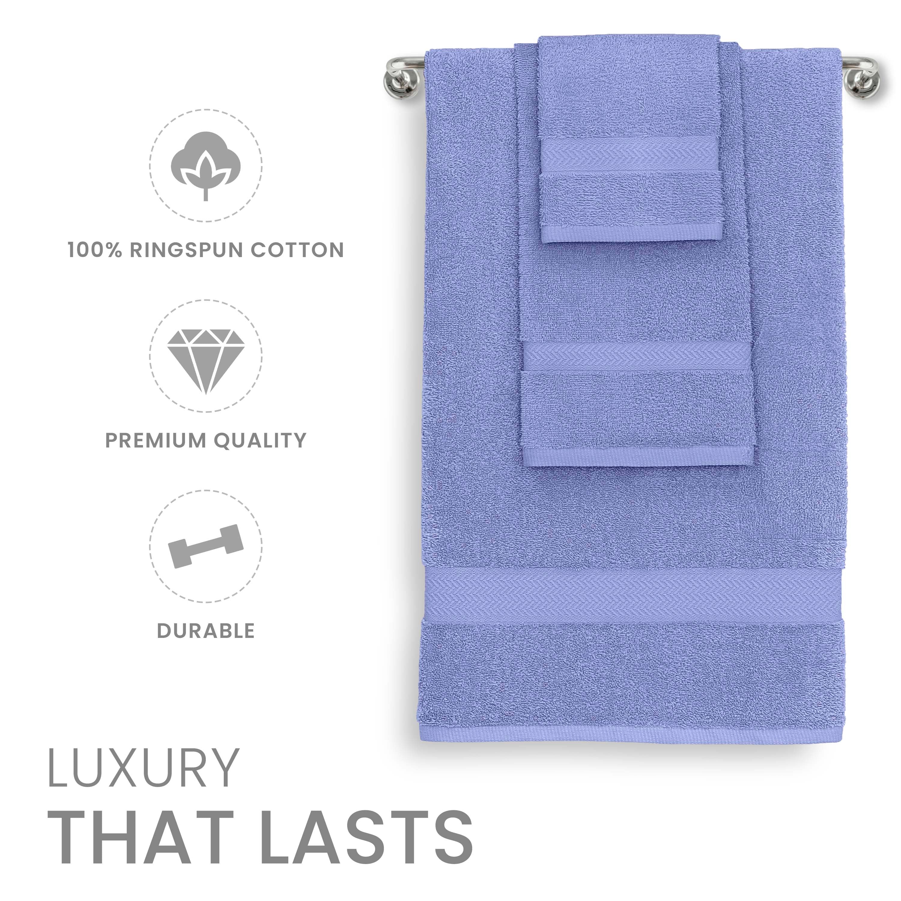 Set of six purple towels made from 100% ringspun cotton, featuring a textured design and hanging loop.