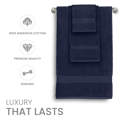 Navy blue towel set featuring six pieces made from 100% ringspun cotton with textured bands.