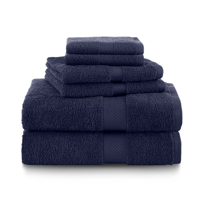 Set of six navy towels stacked in varying sizes, featuring a textured band design.