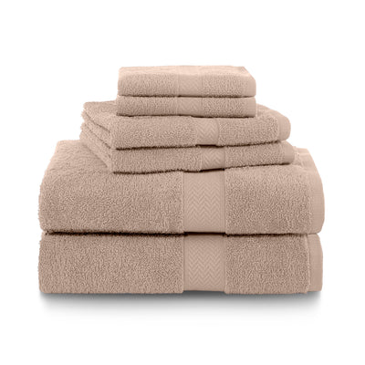 Set of six beige towels stacked in varying sizes, featuring a textured border design.