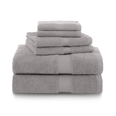 Six gray towels stacked in varying sizes, featuring a textured band along the edges.