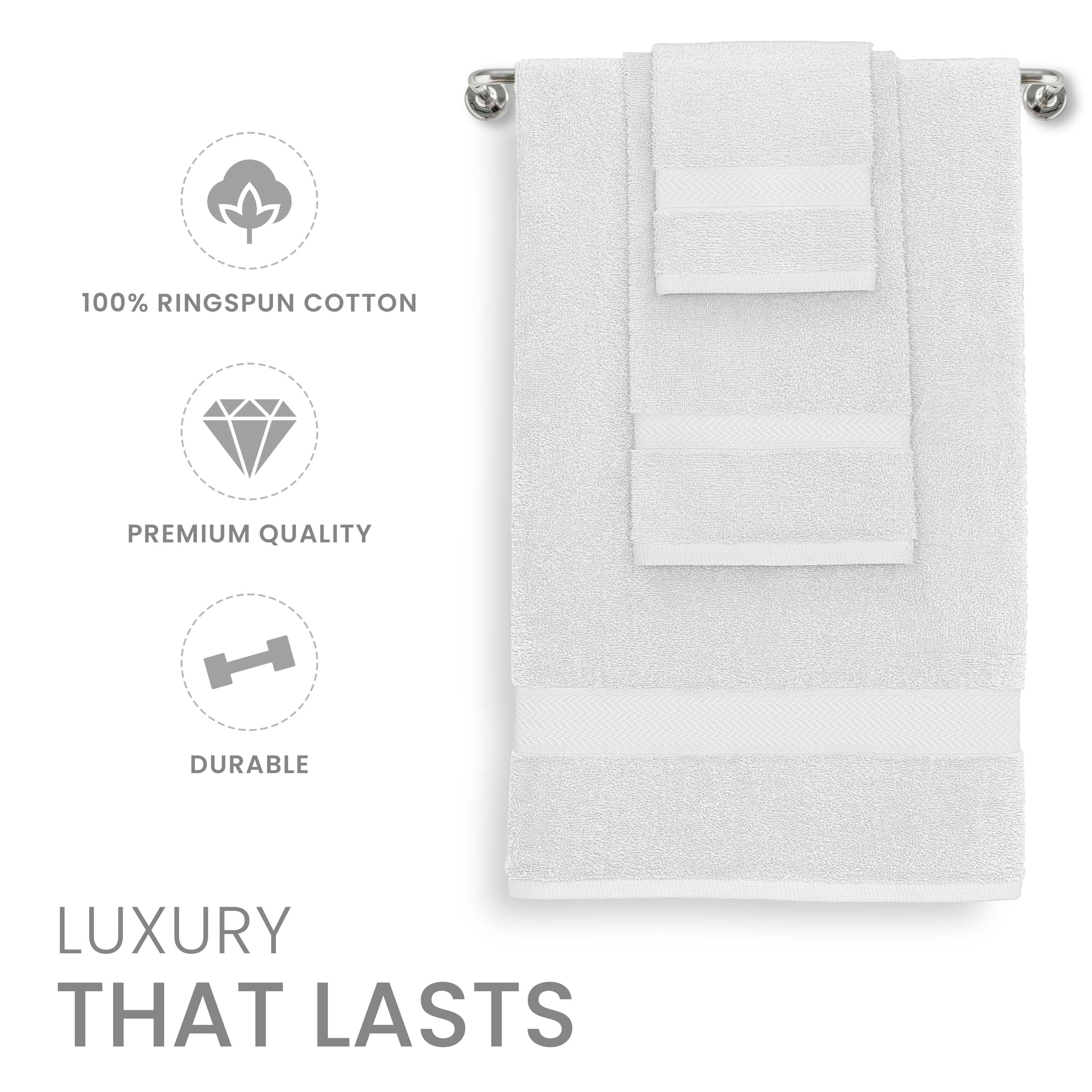 White towels displayed on a towel rack, featuring a textured design and two hanging loops.