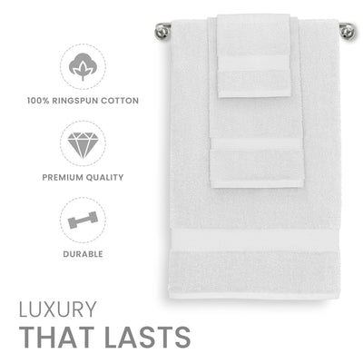 White towels displayed on a towel rack, featuring a textured design and two hanging loops.