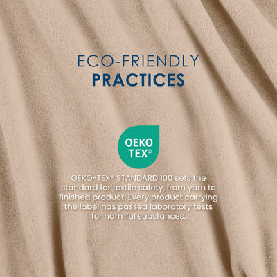 Tan fleece fabric with text about eco-friendly practices and OEKO-TEX® certification for textile safety.