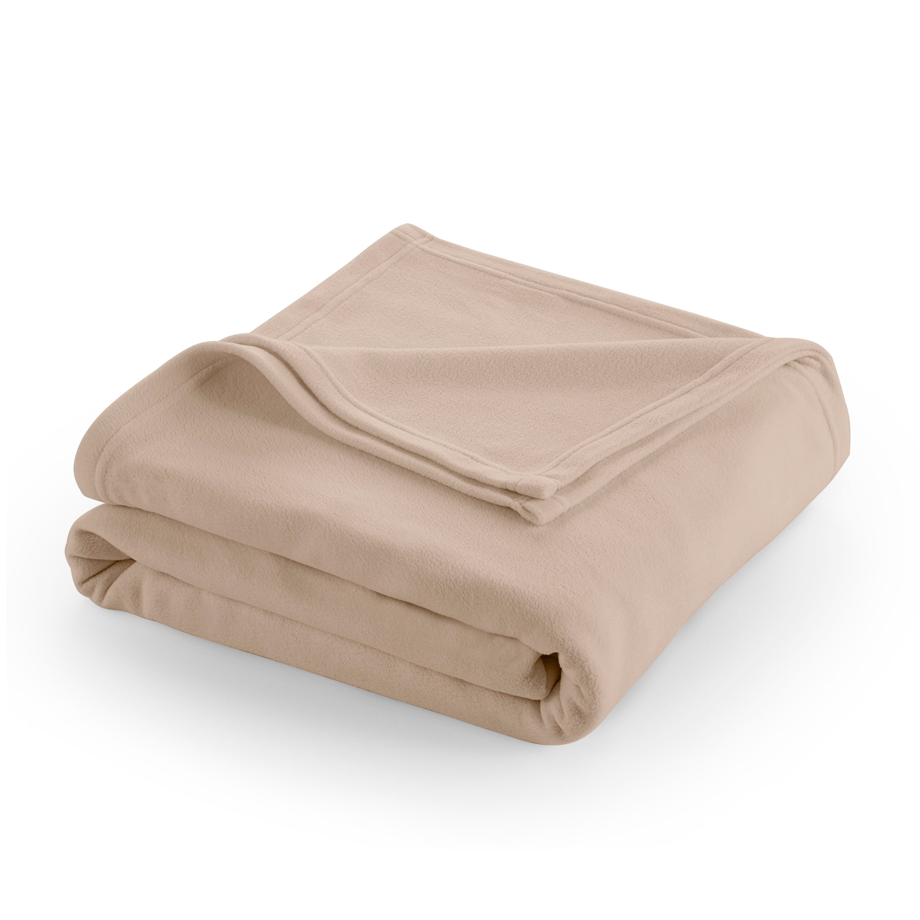Light beige fleece blanket, neatly folded with a soft texture and finished edges.