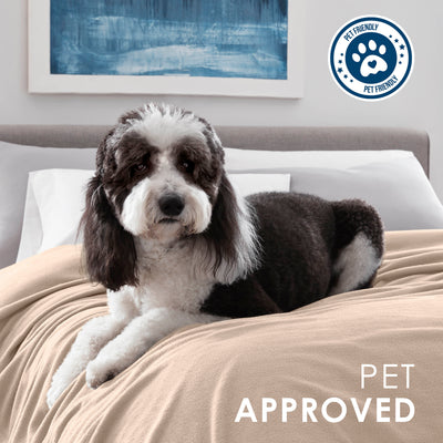 A black and white dog lies on a beige fleece blanket on a bed with white pillows and a blue abstract painting in the backgrou