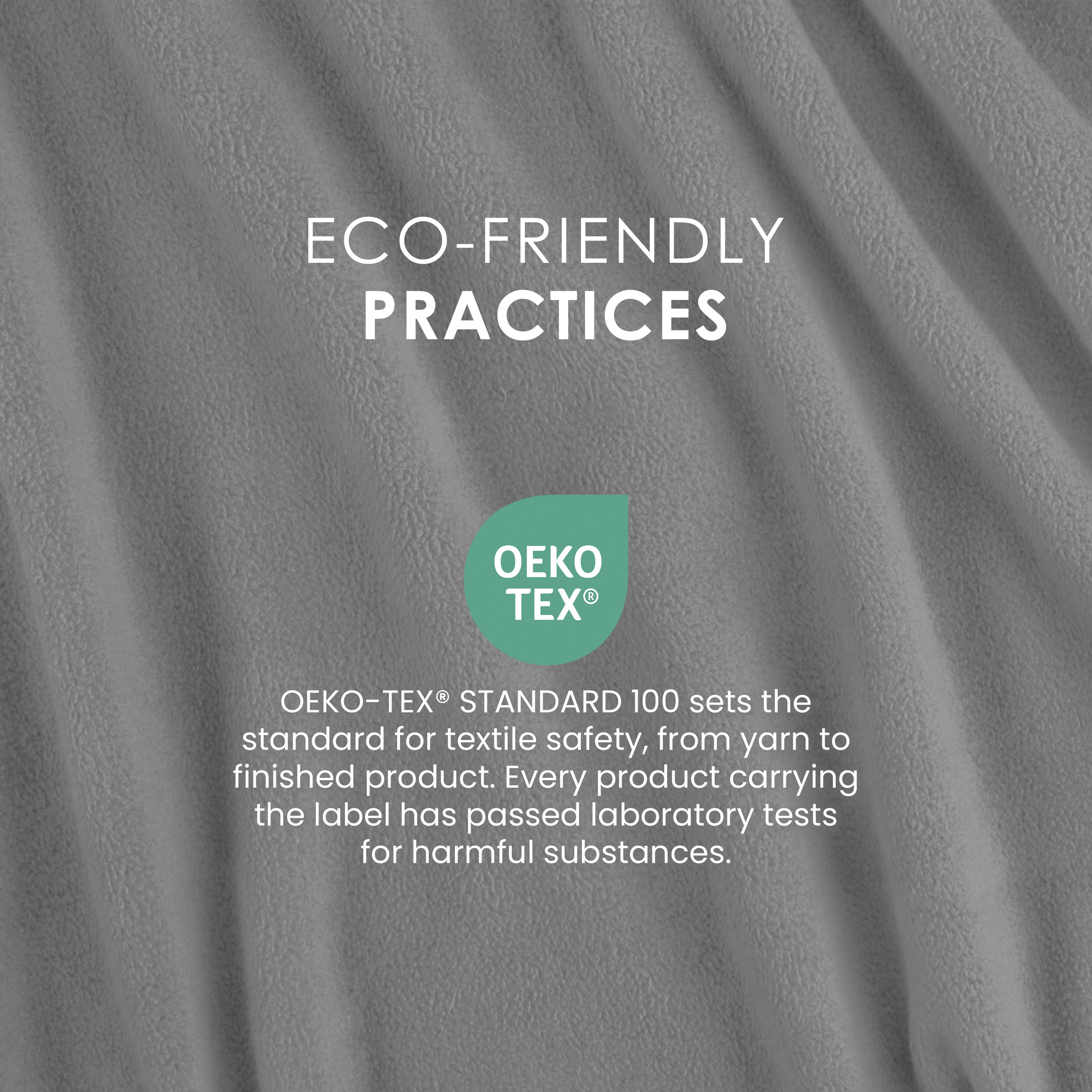 Gray fleece blanket with text highlighting eco-friendly practices and OEKO-TEX® certification for textile safety.