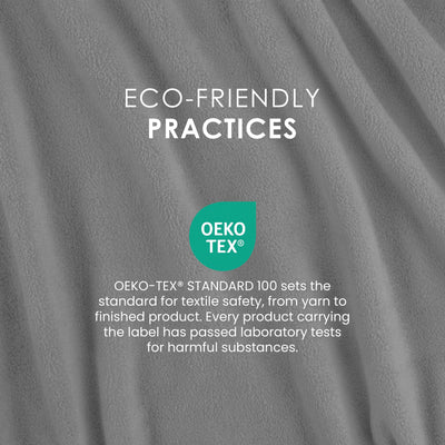 Gray fleece blanket with text highlighting eco-friendly practices and OEKO-TEX® certification for textile safety.