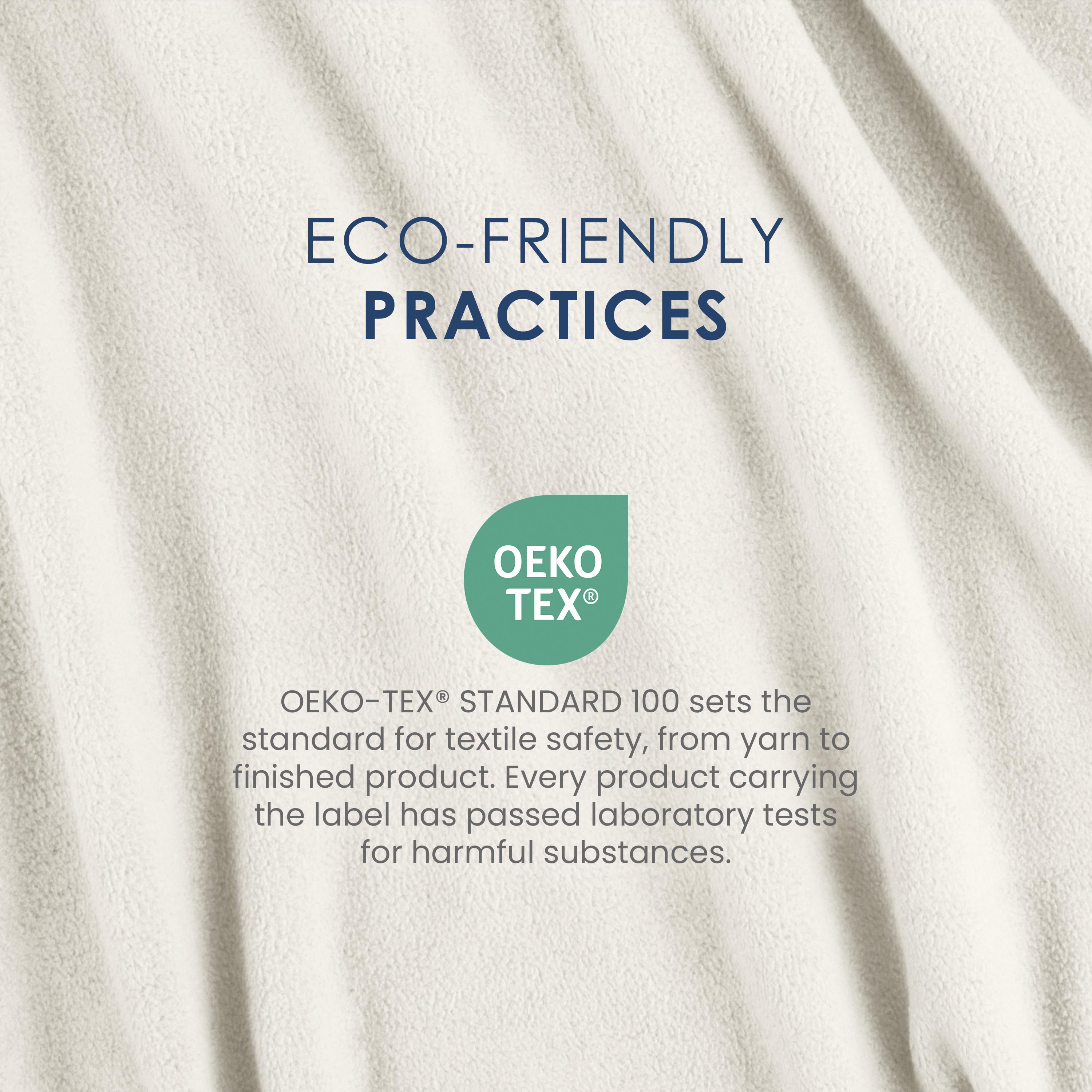 Text on a soft, light-colored fleece blanket highlighting eco-friendly practices and OEKO-TEX® certification for safety.