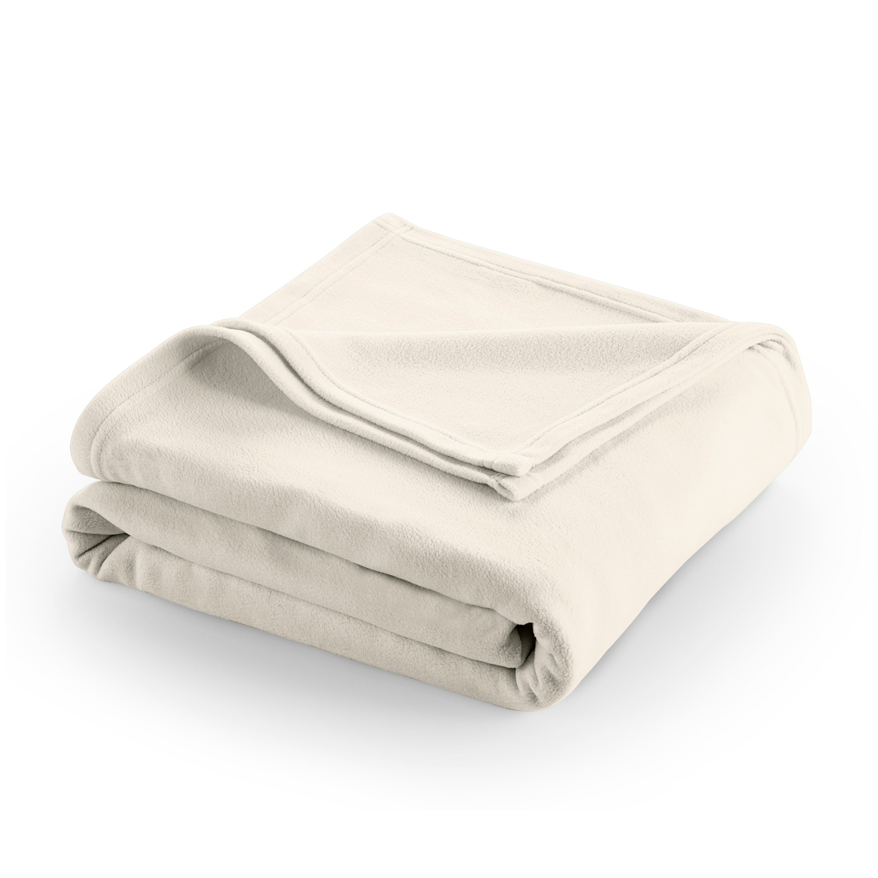 Light beige fleece blanket folded neatly with a soft texture.